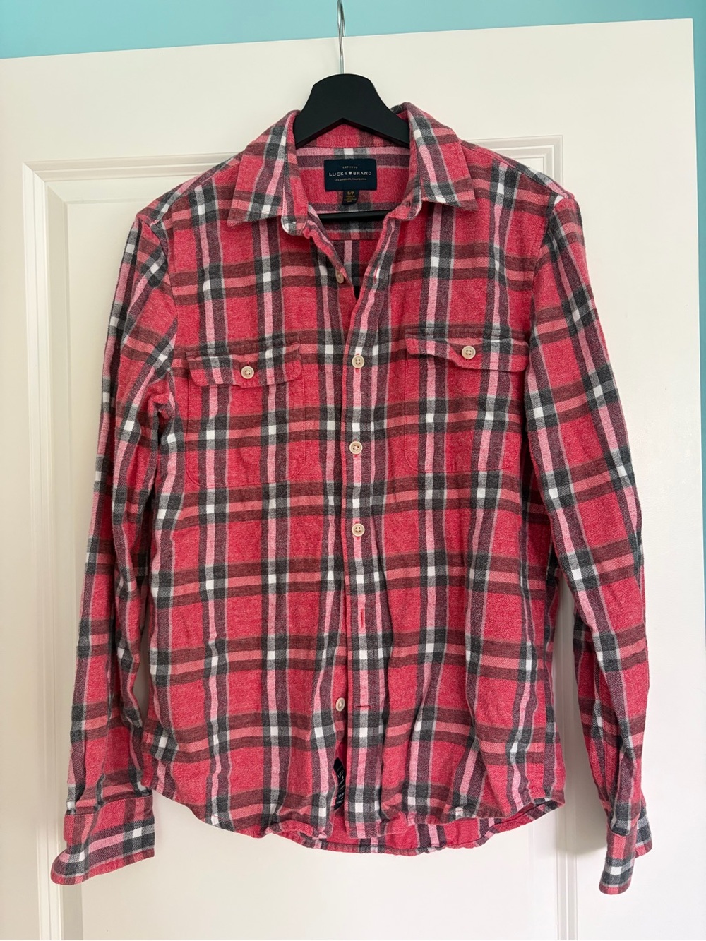 Lucky Brand Pink and Red Plaid Button-Up Shirt